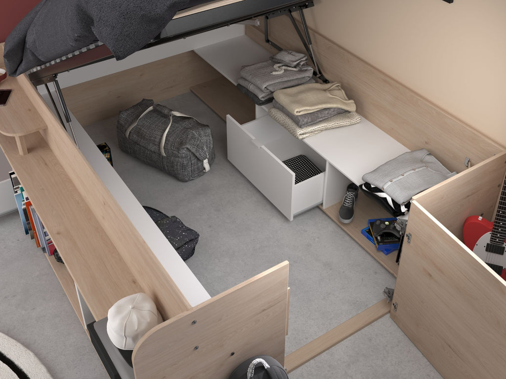 Space-UP 140x200 seng med garderobe og hyller - NATUR