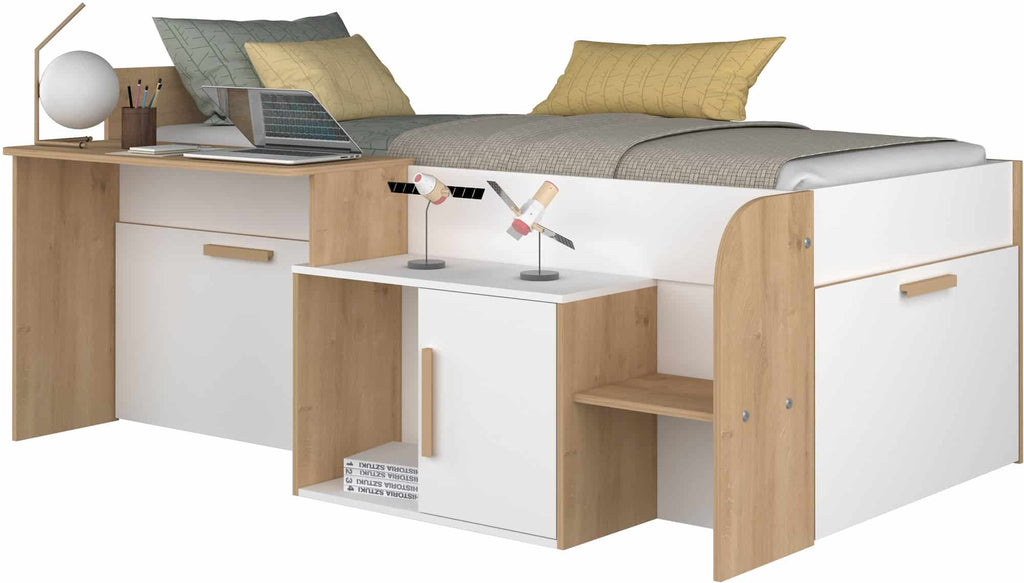 Sacha seng med Vendbart Skrivebord og Oppbevaring 90x200 – Eik/Hvit fra Trasman