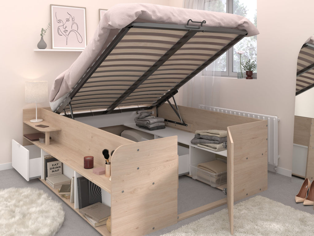 Space-UP 140x200 seng med garderobe og hyller - NATUR