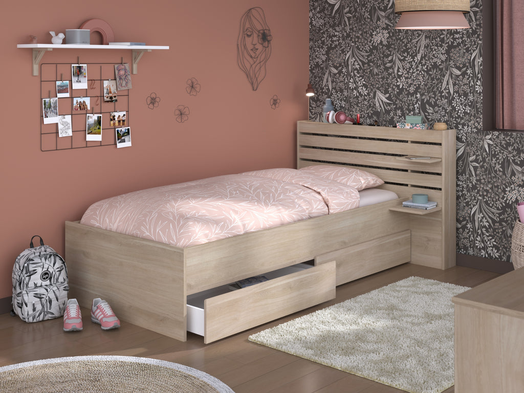 Escale seng 90x200 med 2 skuffer i Japanese Oak