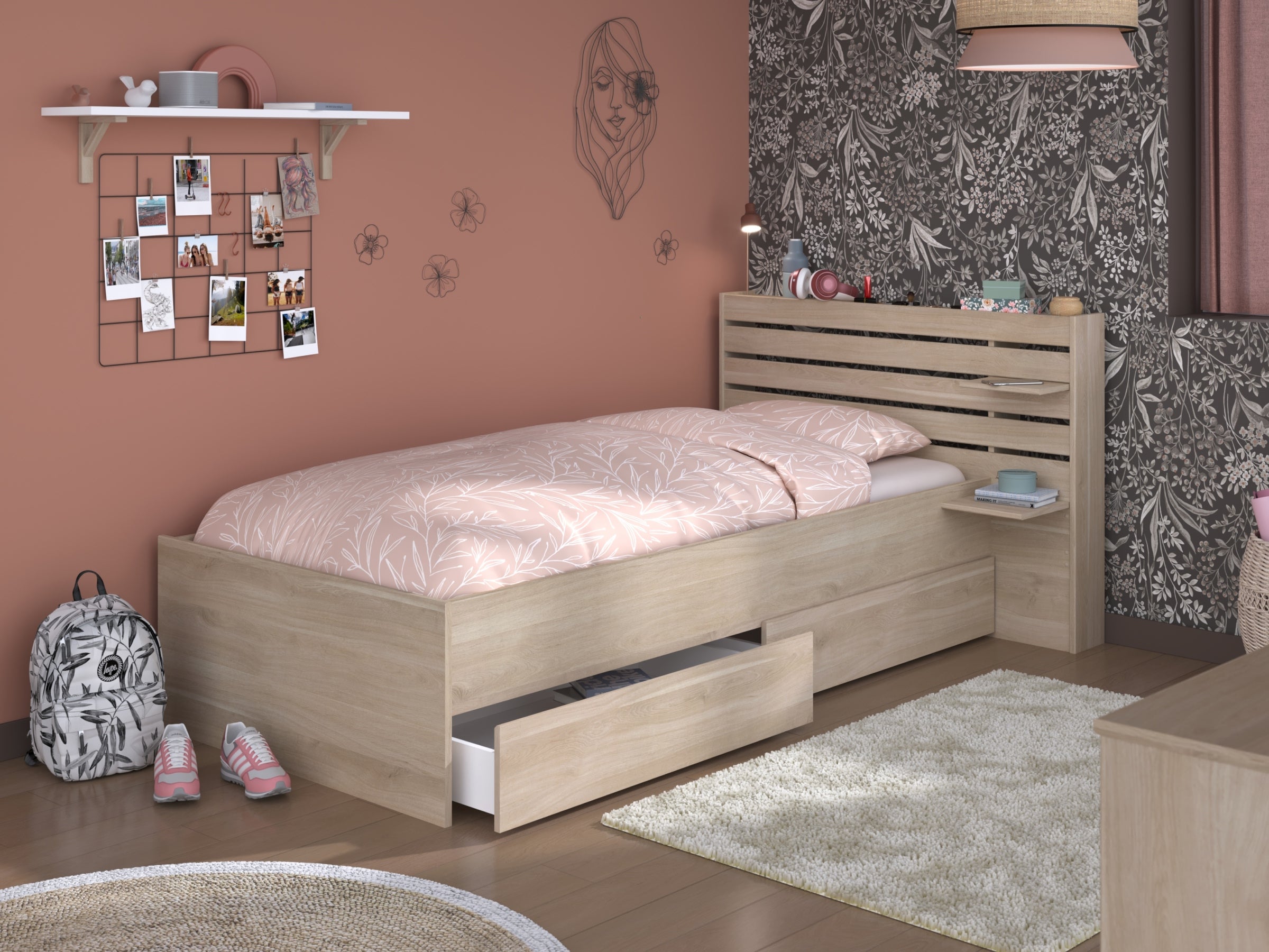 Escale seng 90x200 med 2 skuffer i Japanese Oak