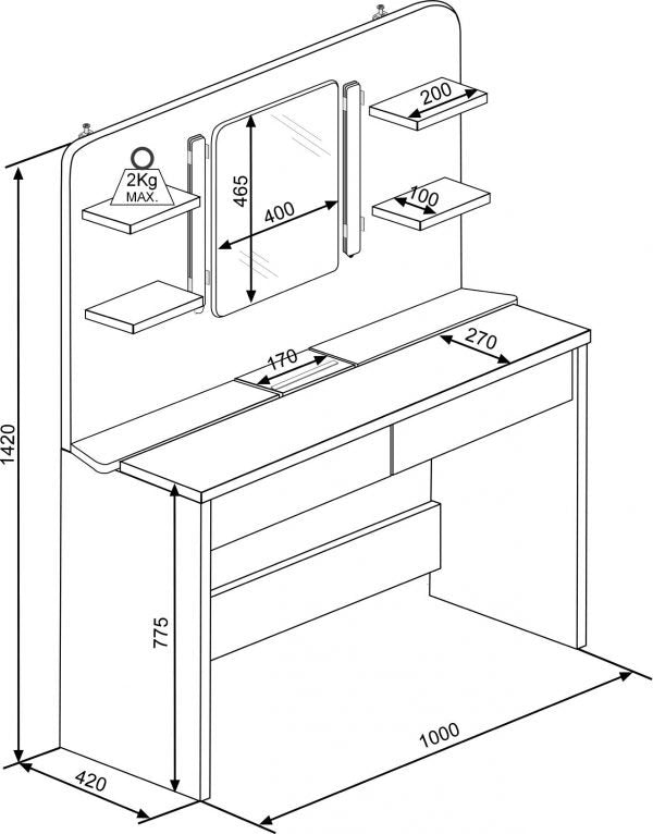 Sminkebord Secret med LED-lys, praktiske mål