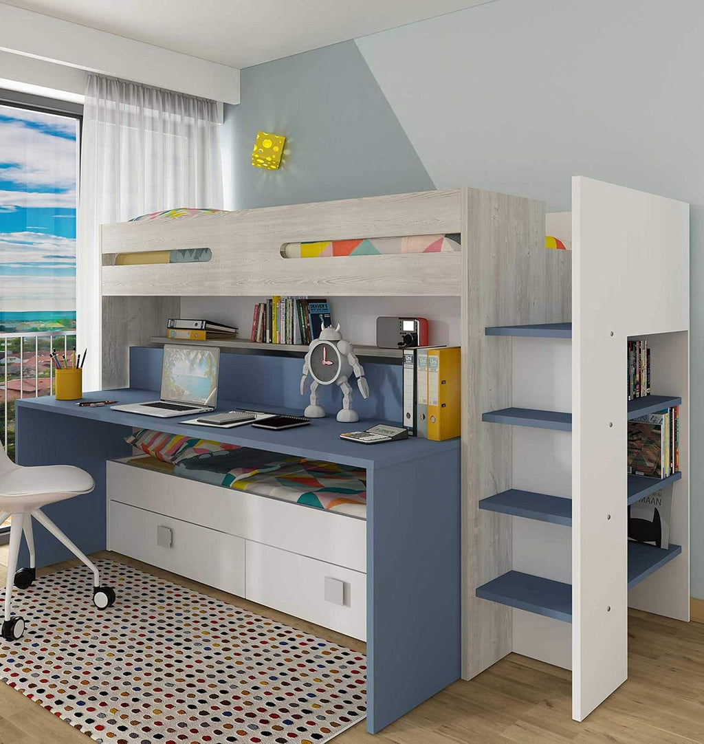 Sindre multifunksjonell loftseng med Skrivebord og Uttrekksseng - Smokey Blue