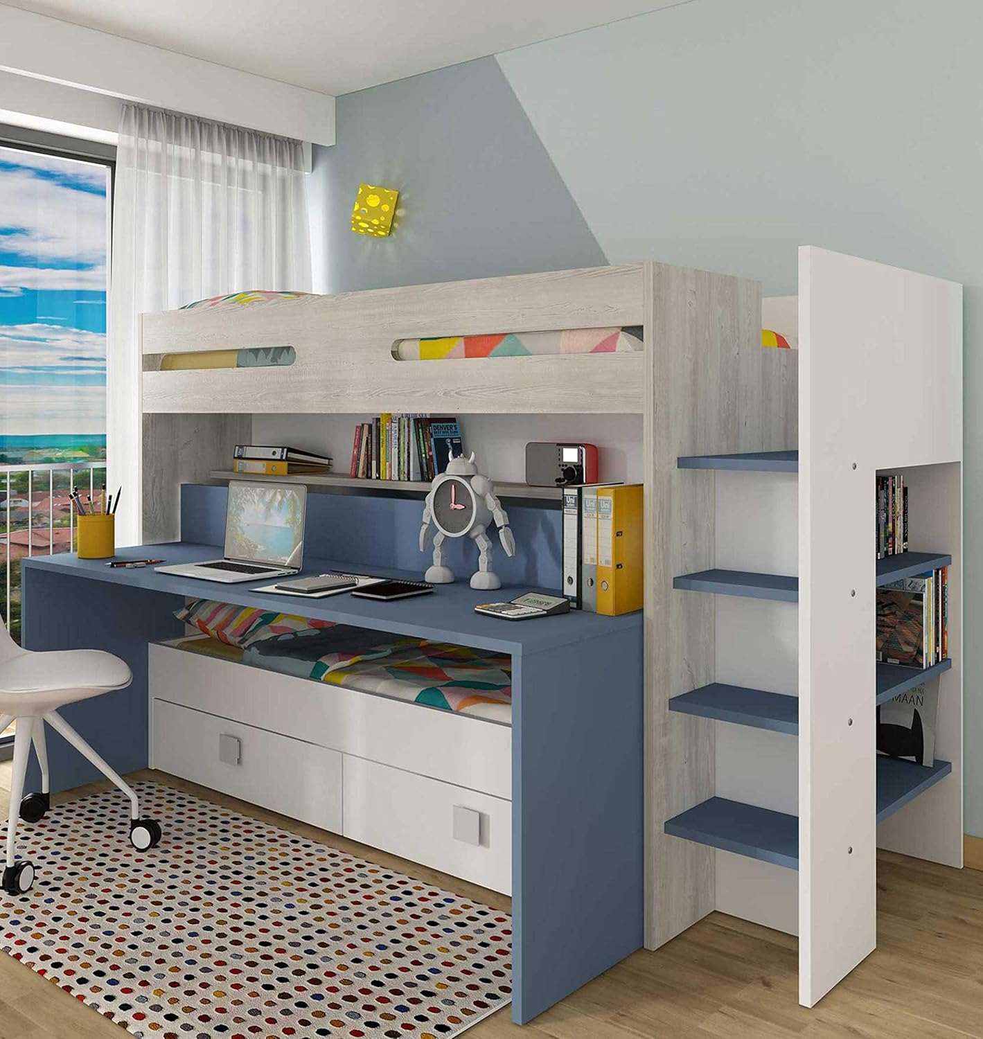 Sindre multifunksjonell loftseng med Skrivebord og Uttrekksseng - Smokey Blue